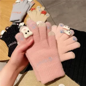 Cute winter knit gloves for women, warm fleece-lined touchscreen gloves with lovely bear design.