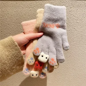 Women winter cute bear knitted gloves touchscreen warm fleece lined thermal mittens