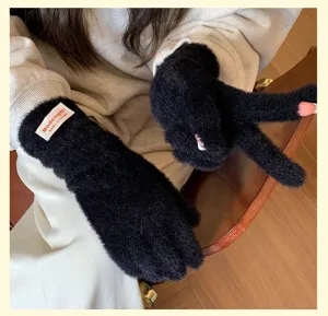 Mujeres guantes de felpa cálidos de dedos divididos negro invierno lindos táctiles