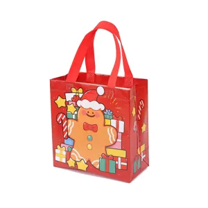 Christmas gingerbread man non-woven tote bag detail, red gift packaging holiday party bag.