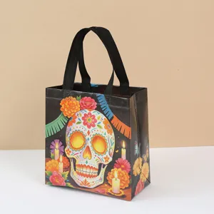 Day of the Dead skull print non-woven gift bag with colorful flower and candle details.