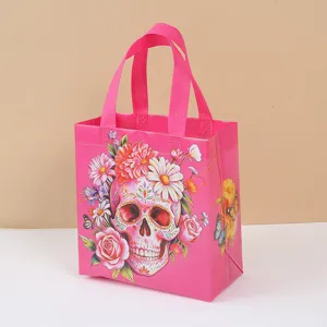 Pink non-woven sugar skull tote bag, floral print gift bag for party decoration and packaging.