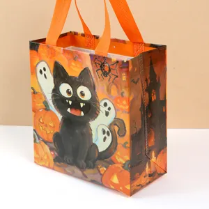 Halloween non-woven tote bag featuring cute black cat and pumpkin print for party gifts