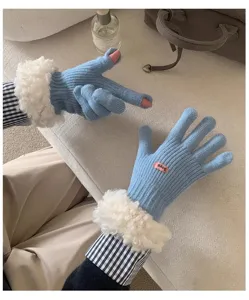 Winter warm knitted gloves with plush faux fur trim, cozy thick touchscreen gloves for women.
