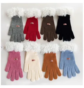 Detailed view of women winter warm knitted gloves with plush cuffs in eight vibrant colors.