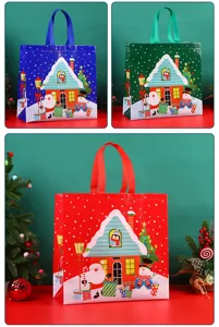 Christmas non-woven gift bags with Santa and snowman designs for holiday shopping and wrapping.