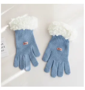 Plush cuff knitted gloves for women, autumn and winter warm thermal five-finger gloves.