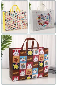 Bolsa de compras de tela no tejida duradera con patrones geométricos coloridos y tiernos.