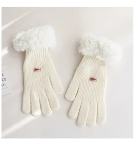 White knitted plush cuff gloves for winter warm outdoor wear, stylish five finger gloves.
