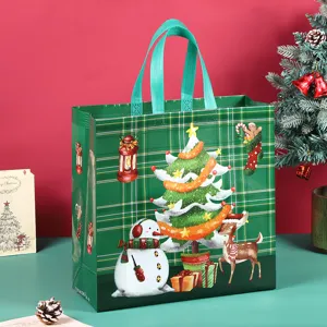 Christmas plaid non-woven gift bag with cute snowman and reindeer print for holiday.