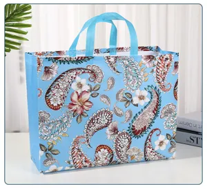 Bolsa de compras tipo tote con estampado floral azul, bolsa de regalo impermeable útil.