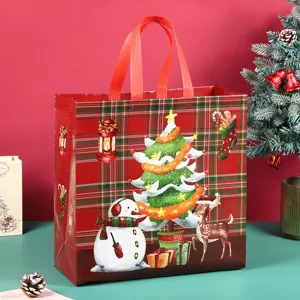Christmas plaid non-woven gift tote bag with cute snowman and deer holiday print design
