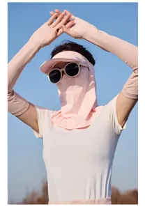 Summer ice silk sun protection face mask with brim and sleeves UV shield pink breathable
