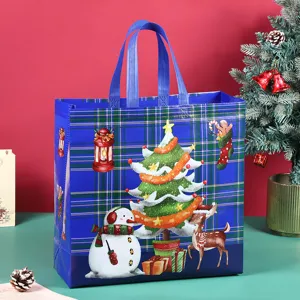 Blue plaid Christmas non-woven gift bag with cute snowman and tree print for holiday shopping.