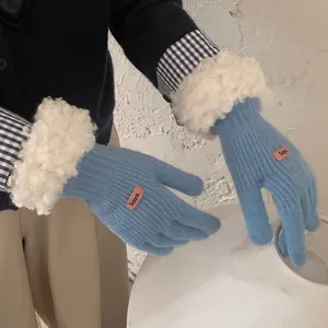 Women Winter Warm Knitted Gloves Plush Trim Thickened Touch Screen Five Finger Thermal Gloves For Cold Weather Outdoor Daily