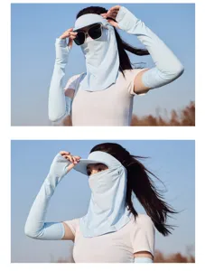 Ice silk sun protection face mask with wide visor and arm sleeves for outdoor UV block detail view
