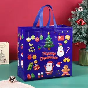 Christmas non-woven gift bag with cute Santa Claus and tree print for holiday shopping.