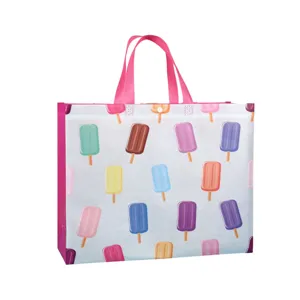 Bolsa de compras reutilizable de tela no tejida con estampado de helados coloridos.