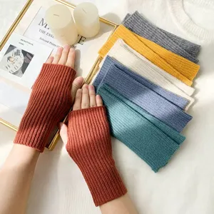 Women Winter Warm Fingerless Knitted Gloves Ribbed Half Finger Writing Gloves Soft Stretch Thermal Wrist Warmers