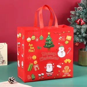 Christmas non-woven gift shopping bag with festive Santa and tree print for holiday.