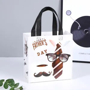Borsa regalo in tessuto non tessuto per la festa del papà con manico, cravatta e baffi.