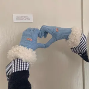 Blue knit gloves for women winter warm thick mittens with plush faux fur cuff sweet design