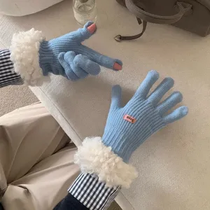 Women winter warm knit gloves with fluffy plush cuffs, stylish soft touch screen wool gloves.