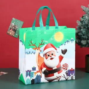 Christmas non-woven gift bag with cute Santa Claus and reindeer print for holiday shopping.
