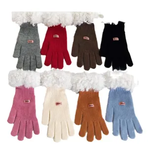 Plush Cuff Knitted Gloves Women Winter Warm Five Finger Touch Screen Woolen Gloves Multi-color