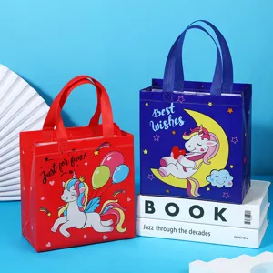 Non-woven unicorn gift tote bag, cute cartoon waterproof shopping apparel packaging detail.