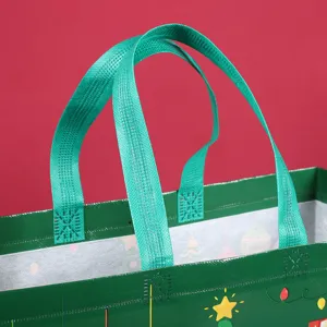 Green non-woven Christmas gift bag with sturdy handles, perfect for holiday shopping and parties.