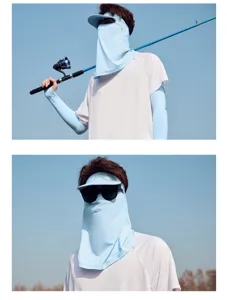 Details of ice silk sun protection face shield and visor set for outdoor fishing and UV defense.