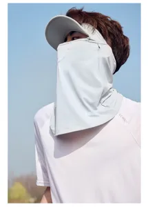 Ice silk sun protection face mask with wide visor, breathable UV-blocking neck shield.