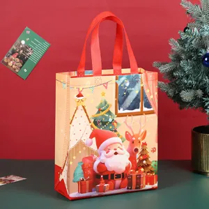 Christmas non-woven tote bag with cute Santa Claus print for holiday gift packaging use