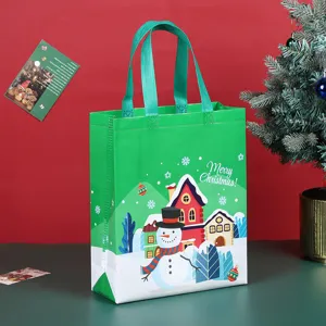 Christmas non-woven gift bag festive snowman print reusable shopping tote with green handles