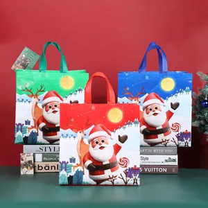 Christmas Non Woven Gift Packaging Bag Cartoon Santa Claus Tree Pattern Tote Shopping Bag For Holiday Party Gift