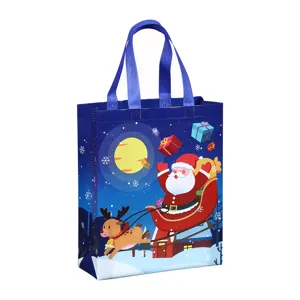 Christmas Non-Woven Gift Bag Cute Santa Sleigh Print Holiday Shopping Tote Bag Blue