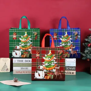Christmas non-woven gift shopping bag with festive plaid pattern, tree, snowman, and reindeer design.