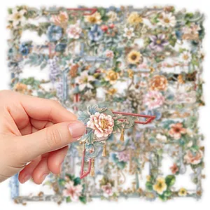 Detail van vintage bloemkader stickers, PET waterdichte decoratieve materialen voor dagboeken.