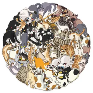 Gros plan sur la collection d'autocollants de chats ronds aux nombreuses poses ludiques.