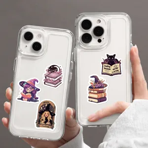 Bookish sticker pack with cute witch and reading cat designs, vinyl decals for cases.