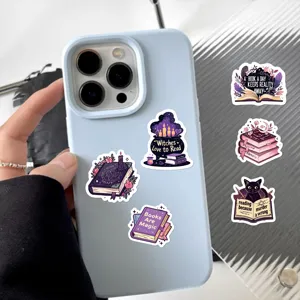 Close-up detail shot of aesthetic bookish stickers displayed on a light blue phone case.