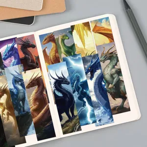 Close-up detail of fantasy dragon bookmarks displayed neatly inside an open notebook.