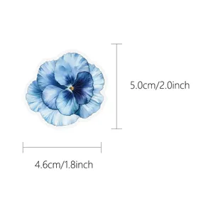 Watercolor blue floral sticker detail showing size dimensions, waterproof PET material design.