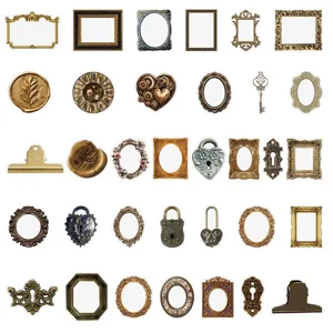 Vue détaillée d'autocollants de cadres vintage, éléments décoratifs antiques pour carnets.