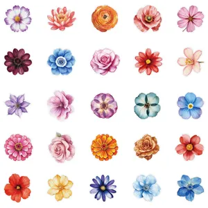 Detailed view of vintage watercolor floral stickers, colorful PET waterproof plant flower decals.