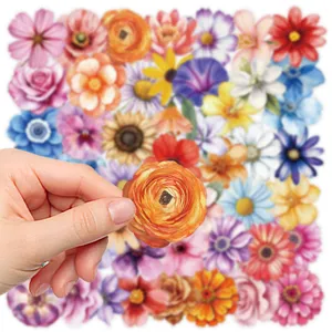 Close-up detail of vintage watercolor floral PET stickers, vibrant flower pattern decor.