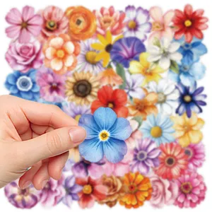 Retro floral stickers detail featuring colorful PET waterproof flower patterns for laptops and cups.