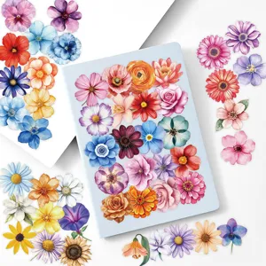 Detailed shot of retro watercolor floral stickers set featuring various colorful botanical designs.