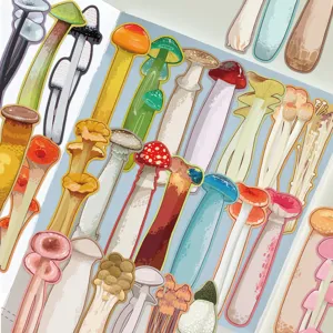 Detailed view of cute cartoon mushroom bookmarks, ideal for student reading and book page clips.